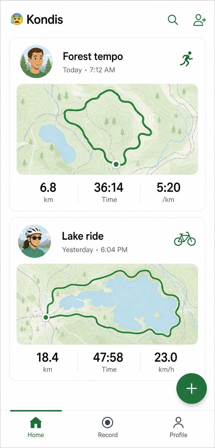 Kondis mobile app with fictional running and cycling activities